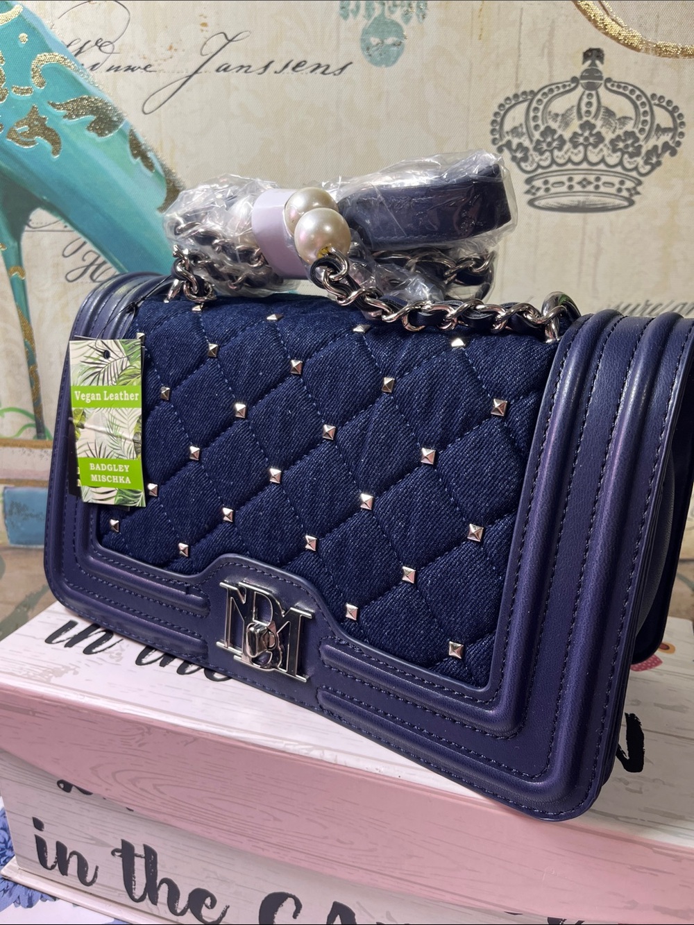 Badgley Mischka Quilted Navy Denim /rivets silver Chain Crossbody Bag
